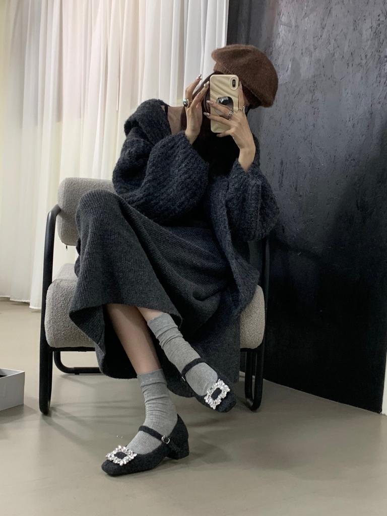 Thick Heel High Heel Black Square Head Rhinestone Single Shoes Women's Shoes 2025 New Autumn and Winter Plush Mary Jane Mao Shoes