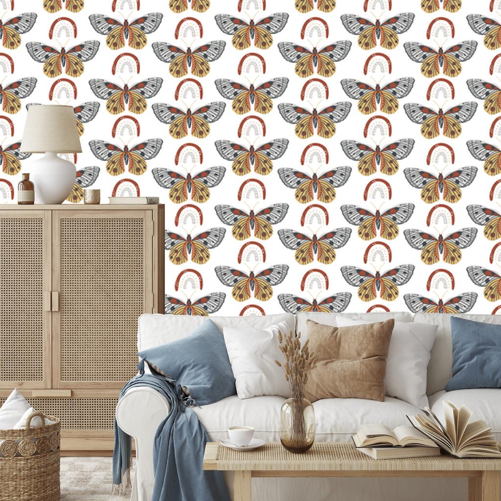Rainbows and Butterflies Boho Wallpaper, White and Gray, for Living Room and Bedroom, 50x1000