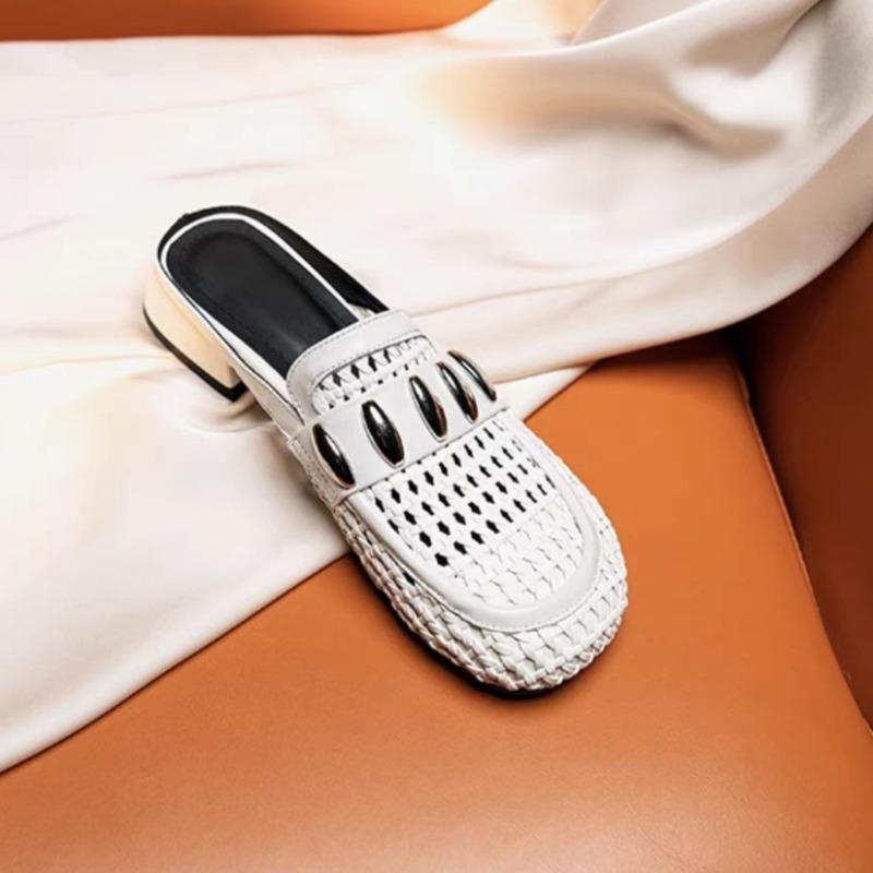 Women's Hollow Bow-top Slippers Summer New Round Head Deep Mouth Metal Buckle Soft Sole Non-slip Mid-heel Shoes
