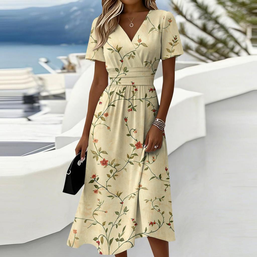 Women V Neck Waist Cinched Floral Print Short Sleeve Midi Dress Casual Summer Day Dress