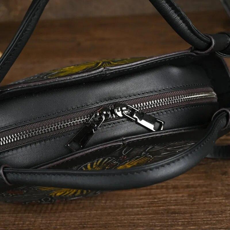 Johnature Retro ručně malovaná pravá kůže embosovaná dámská taška Univerzální tašky přes rameno a crossbody z hovězí kůže