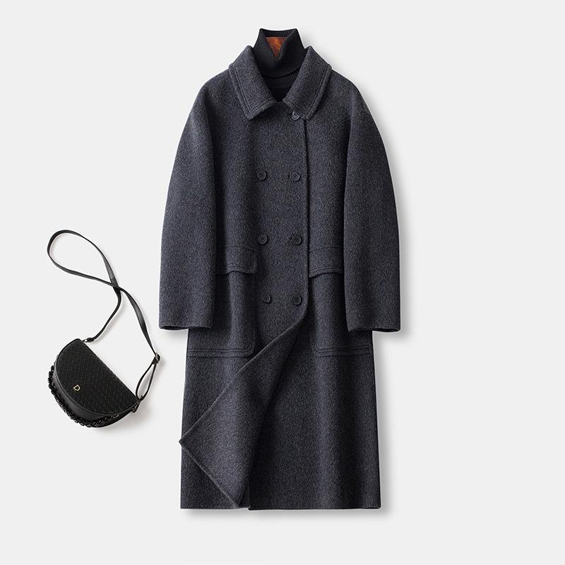 8803 New High-end Hand-sewn Silhouette Loose Double-sided Cashmere Coat Women's Camel Wool Thickened Wool Coat