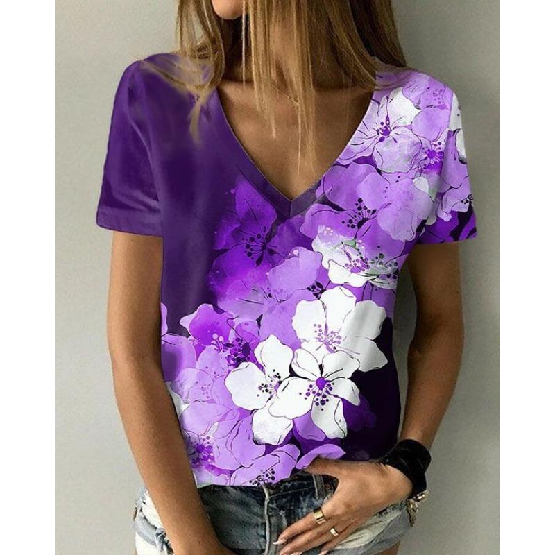 

Летний топ с V-образным вырезом и 3D-цветочным принтом, модные повседневные женские футболки с короткими рукавами XS