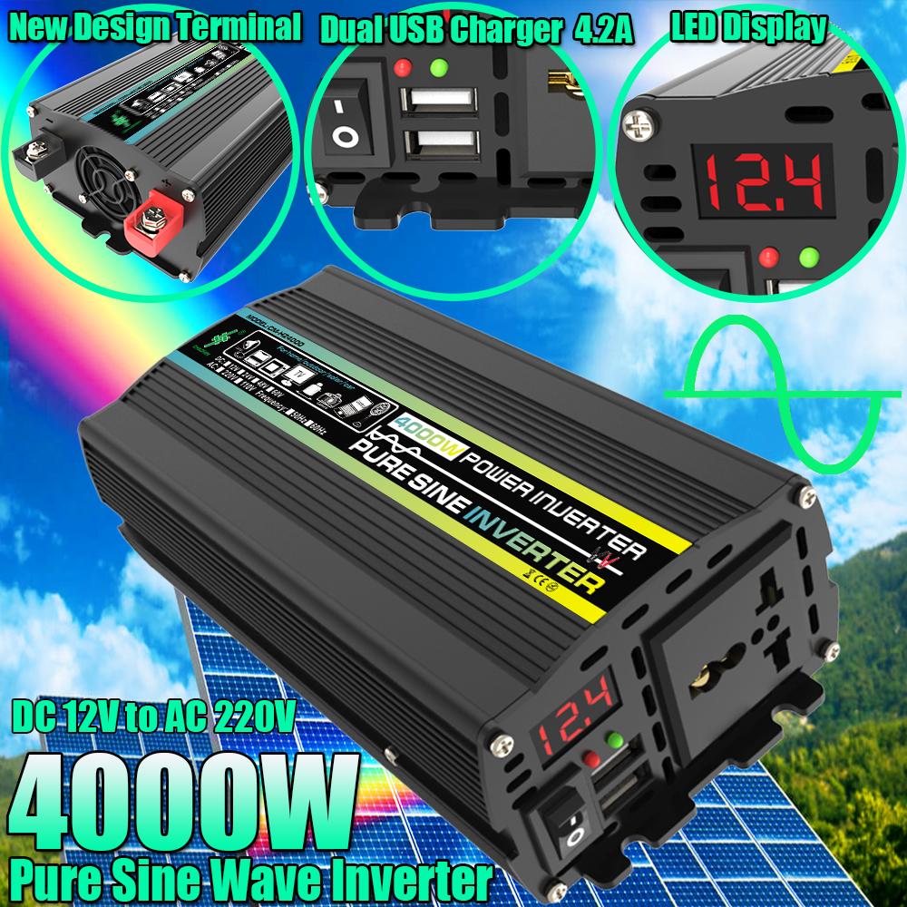 4000W Dual USB Solar Power Inverter 12V To 220V Car Power Inverter Charger Converter Adapter Modified Sine Wave Transformer Kit