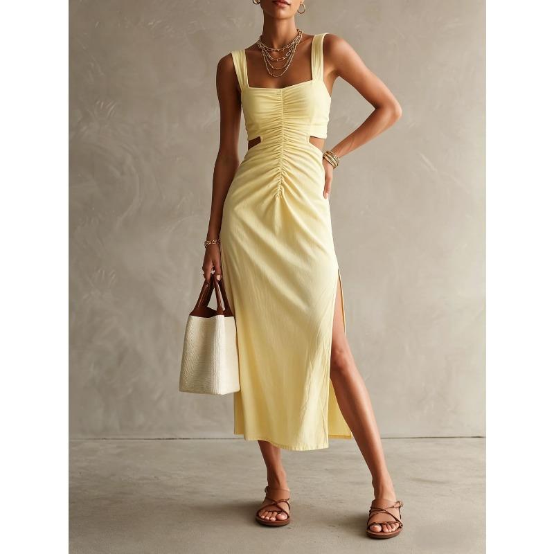 Elegant Square Neck Sleeveless Slit Dress For Vacation