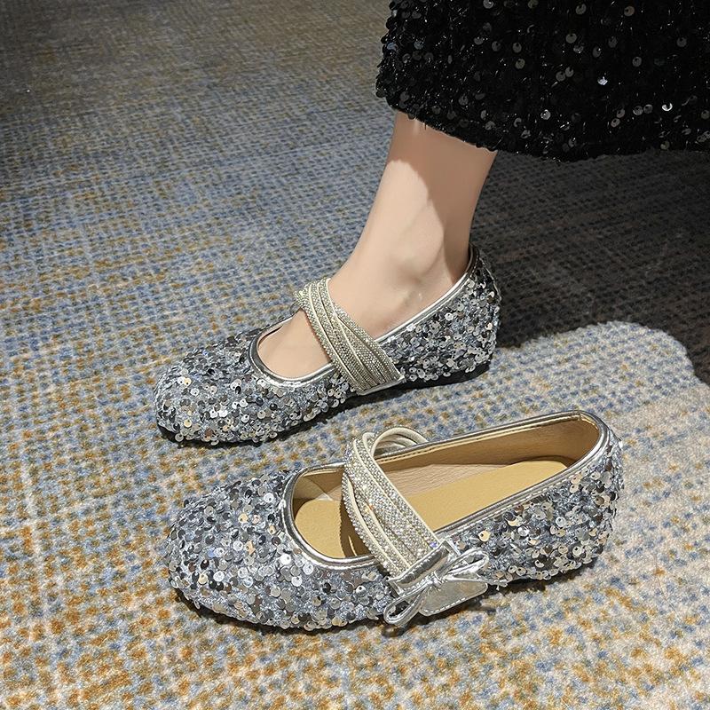 French Inner Height Increase Sequined Mary Jane Shoes Women's 2025 New Autumn Bow Word with Soft Sole Light Mouth Single Shoes