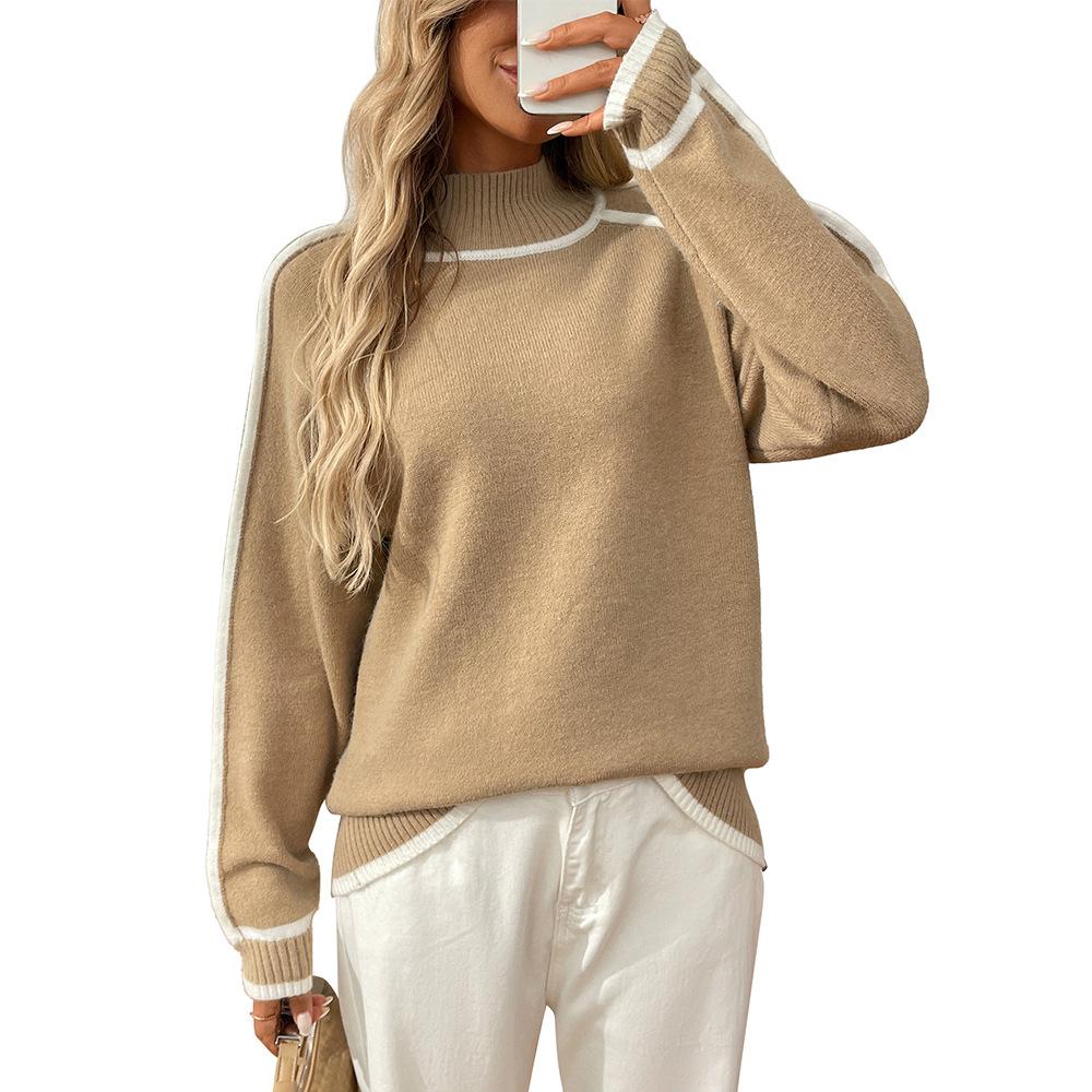 Autumn and Winter Semi High Neck Casual Loose Pullover Lazy Contrasting Women's Sweaters