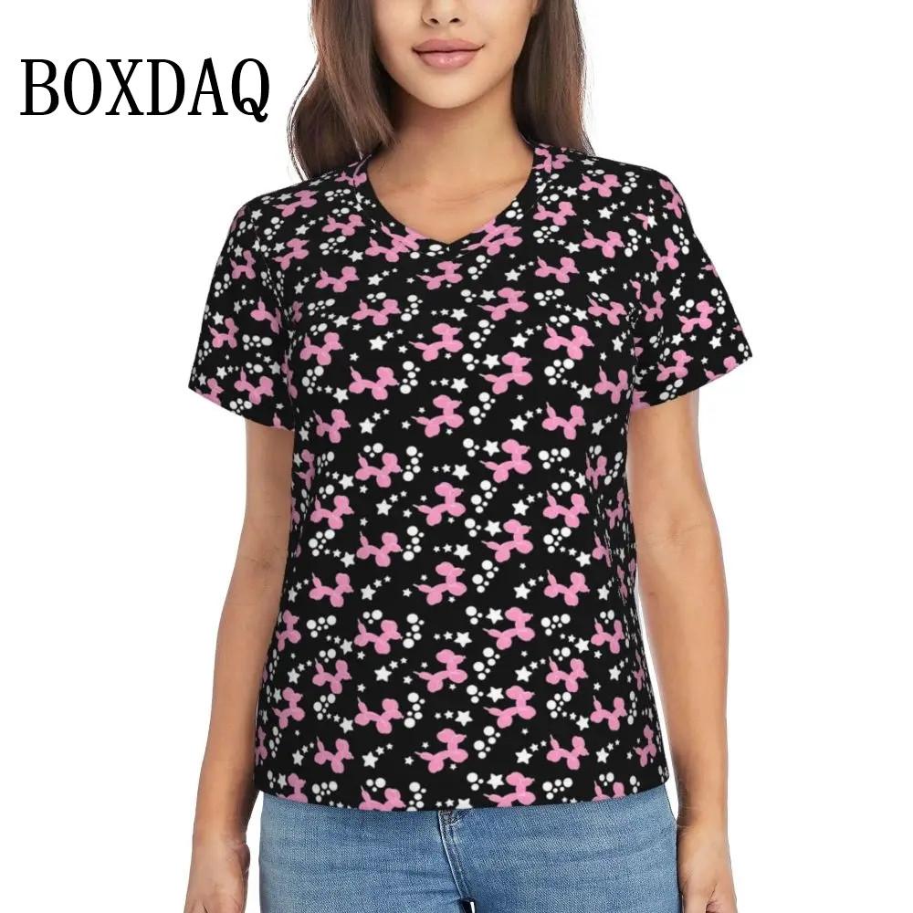 Rainbow Balloon Dogs Print T Shirt Female Summer V-Neck T Shirts Short Sleeve Street Fashion Shirt Women Cute Graphic Kawaii Top