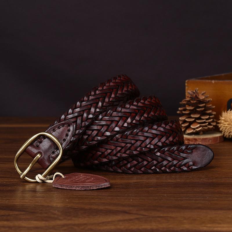 New Leather Copper Buckle Handwoven Belt Women'S Leather First Layer Cowhide Versatile Retro Woven Jeans Belt
