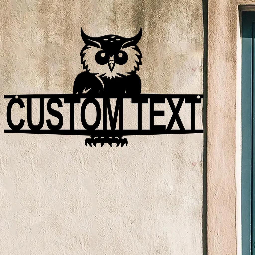 Owl House Number Sign Personalized Metal Plaque Outdoor Wall Decor