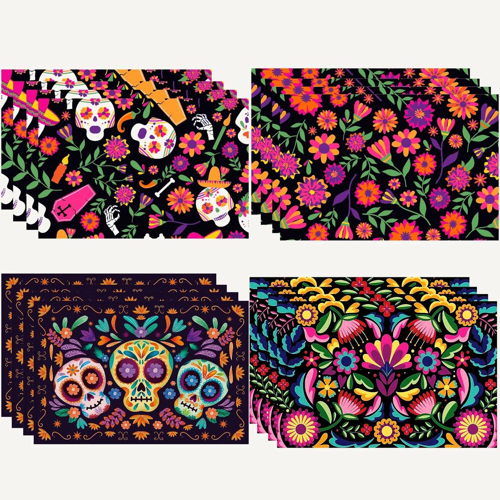 4PC Table Mat Mexican Style Colorful Skull Placemats Day Of The Dead Decoration And Supplies For Home Halloween Decor