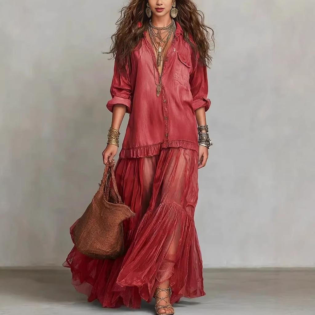 Women Denim Print Mesh Maxi Dress Casual V Neck Long Sleeve Tiered Ruffle Beach Vacation Dress