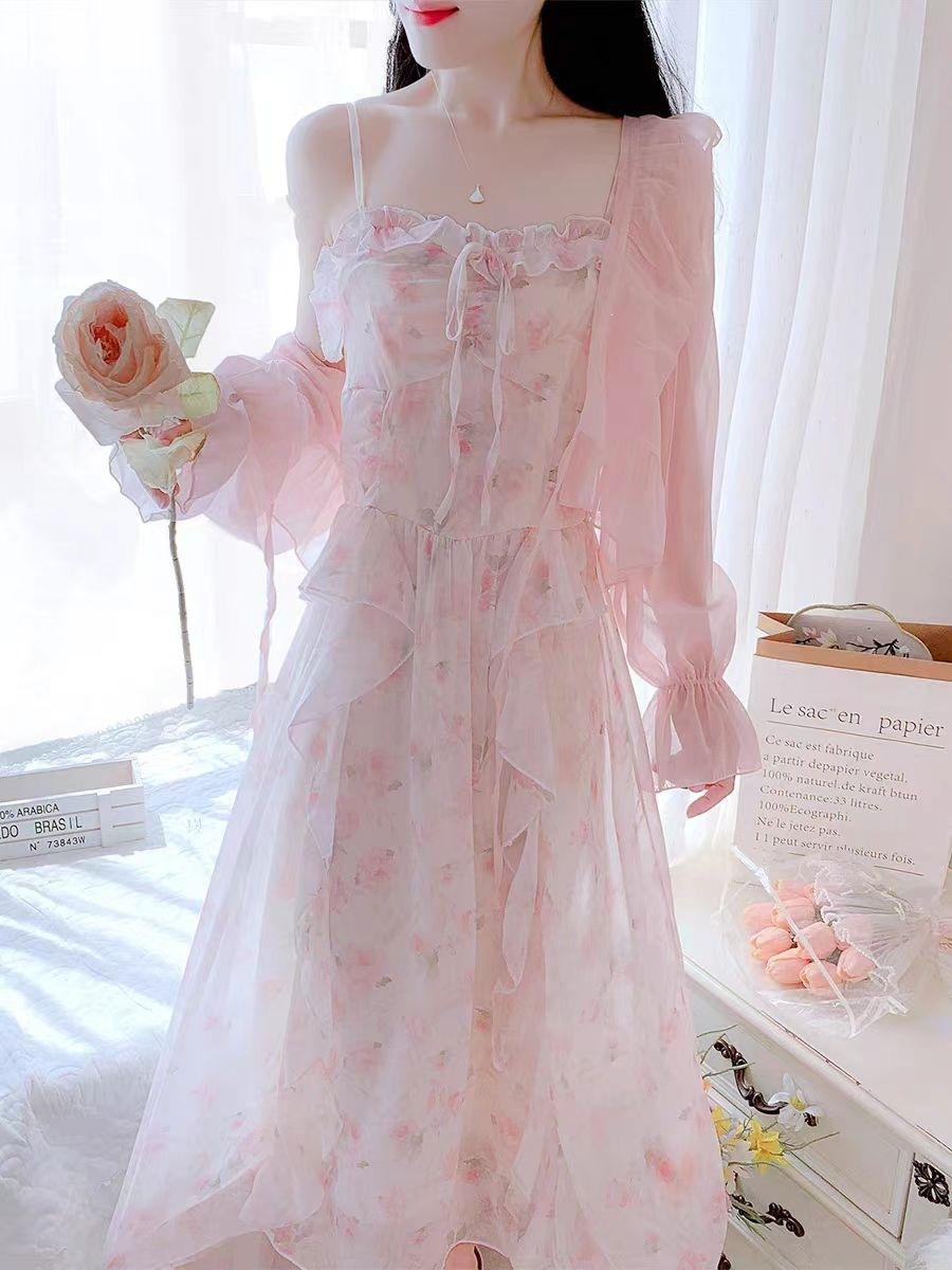 Sweet chiffon floral dress 2026 new French pink suspender dress women s summer tulle S