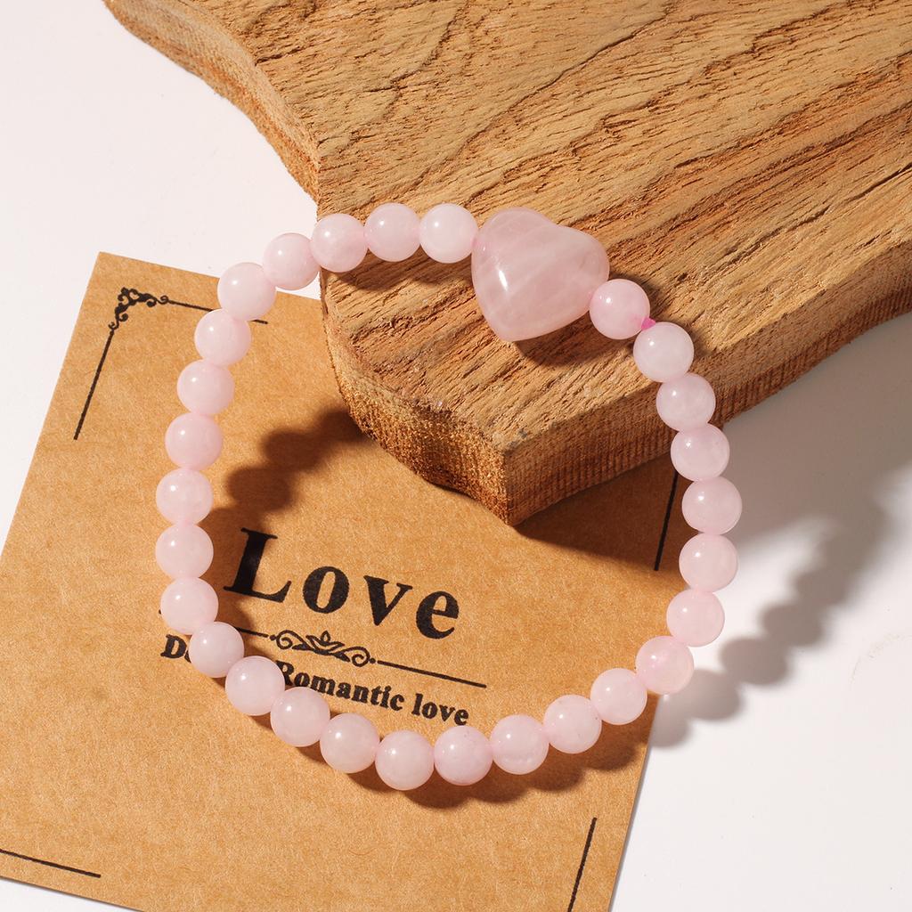 Festive Gifts Rose Quartz Beaded Bracelet With Heart Charm Sweet Fashion Jewelry For Women Daily Wear Simple Versatile Accessory