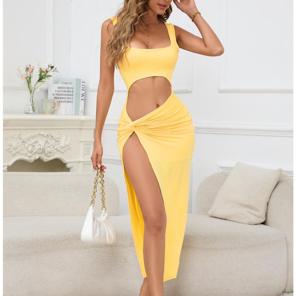 Women Long Dress Solid Color Hollow Navel Sexy Dress