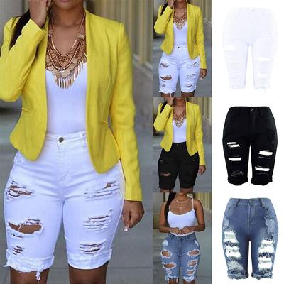 Women Elastic Destroyed Hole Leggings Short Pants Denim Shorts Ripped Jeans
