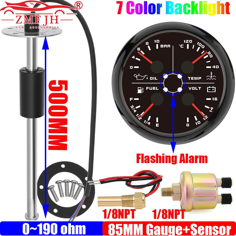 7 Color LED MultiFunction 85mm Gauge Oil Pressure+Water Temperature+Fuel Level Gauge+Voltmeter with Sensor 0-190ohm Auto Car 12V
