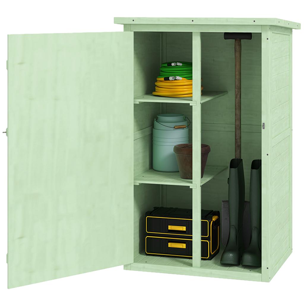 Pequeno Galpão de Madeira, Galpão de Armazenamento para Jardim com Prateleiras e Trinco de Parafuso, 75C x 56L x 115A cm, Verde