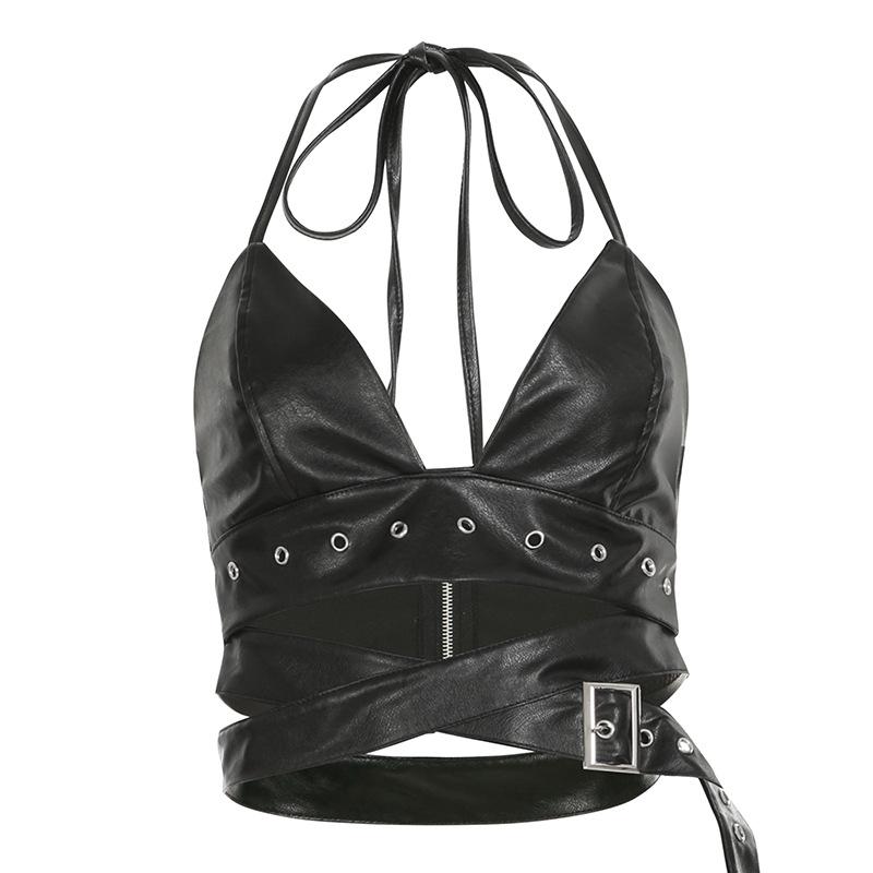 Women Heavy Leather V Low Waist Hip Personalised Punk Spice Girl Style Ring Buckle Decoration Cross Cock Eye Belt Short Skirt Suit