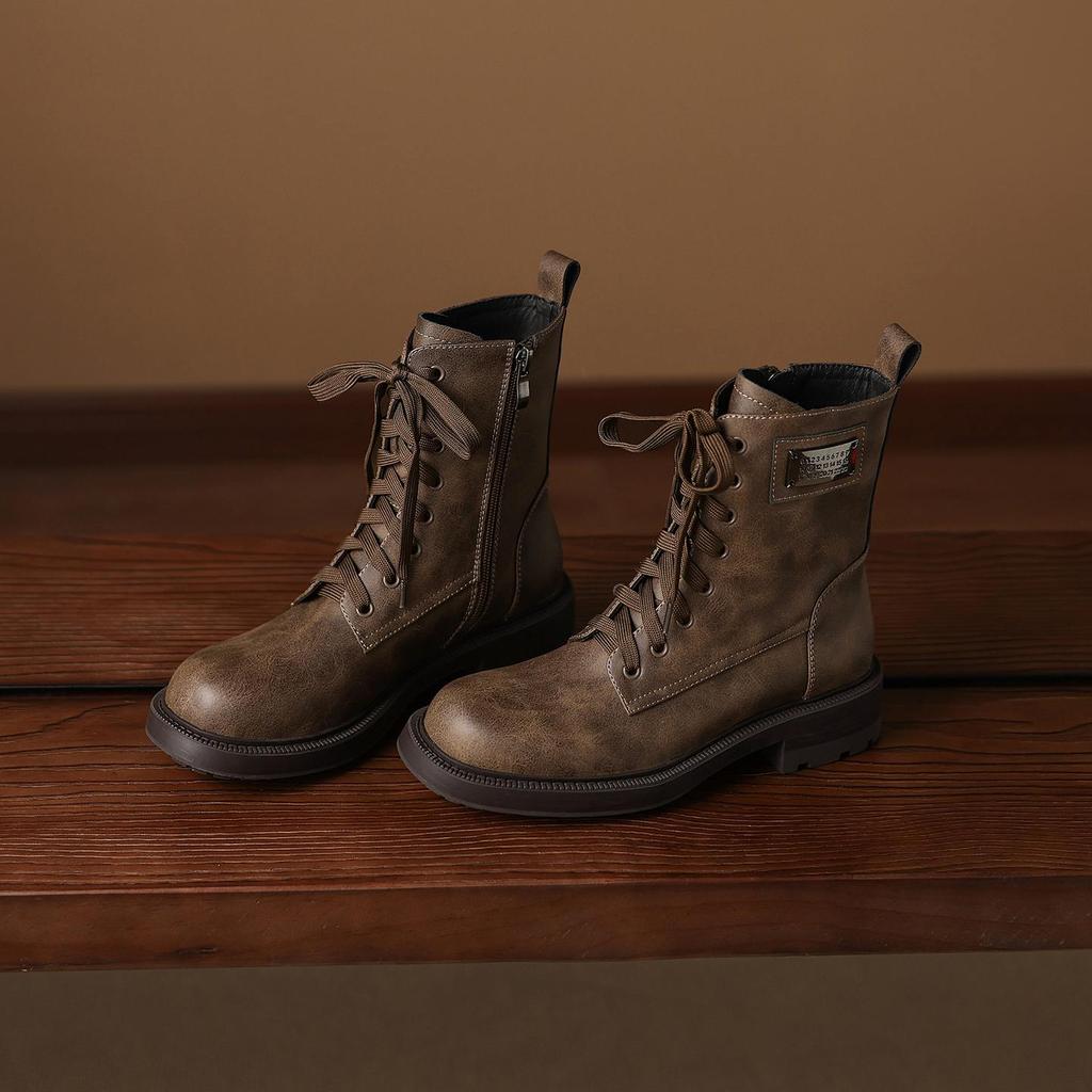 Krazing Pot Genuine Leather Winter Round Toe Western Boots Med Heels Women Cross-tied Lace Up Women Ankle Boots