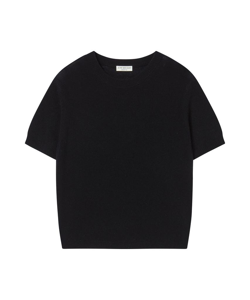 JE NE SAIS QUOI Sheer Cashmere Blended Crew Neck Short Sleeve Knit_Black