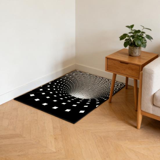 3D Vortex Optical Illusion Rug Vision Vertigo Area Rug Realistic Vortex Black And White Doormat Non-Slip Floor Mat for Living Room Bedroom Entrance