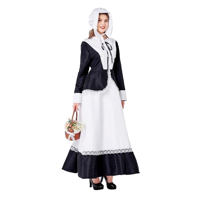 Halloween costume maid beer costume retro maid dress long dress black and white show dress accessories