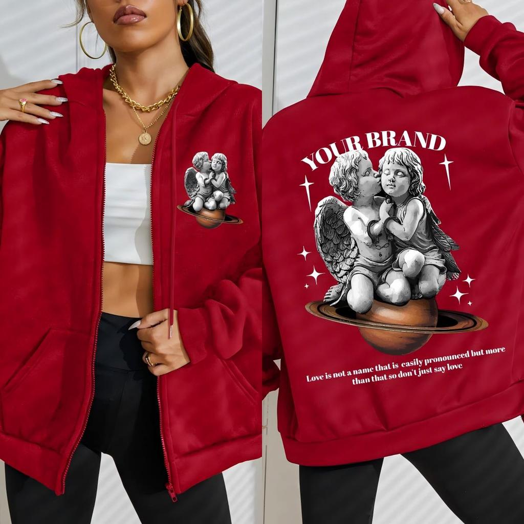 A Caring Angel Boy Wearing Handcuffs Prints Women Zipper Hoody Y2K Loose Hoodies Streetwear Vintage Autumn Clothes