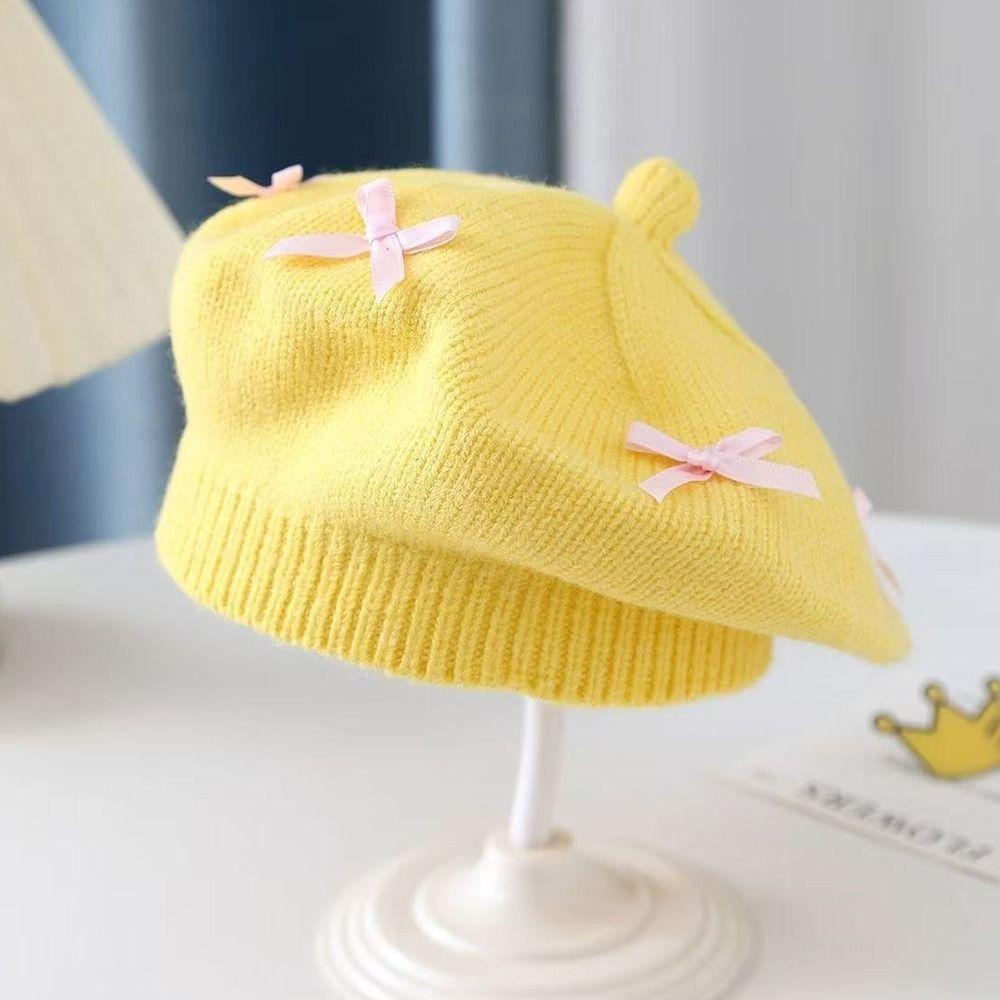 Cotton Girls Painter Cap Bowknot Decoration Toddler Warm Beanie Fashion Bow Knit Headwear Girl