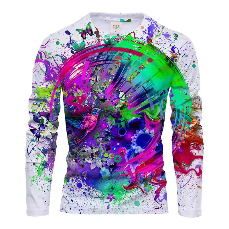Fashion Colorful Graffiti 3d Printed Men's Long Sleeve Top Trend Creative T-Shirt Casual Loose O Collar Quality Comfortable Top