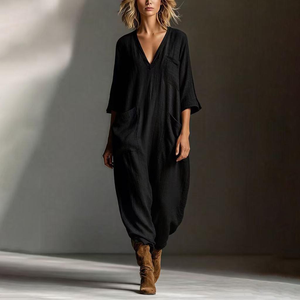 Women's Fashionable And Casual Buttoned V-neck Half Sleeve Pocket Jumpsuit