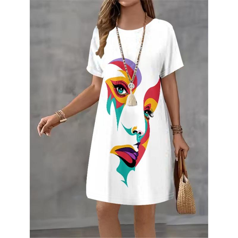 Fashion Trend 3D Imitation Denim Pattern Women's Dress New Summer Street Denim Flower Print Short Sleeve Loose Casual Mini Dress