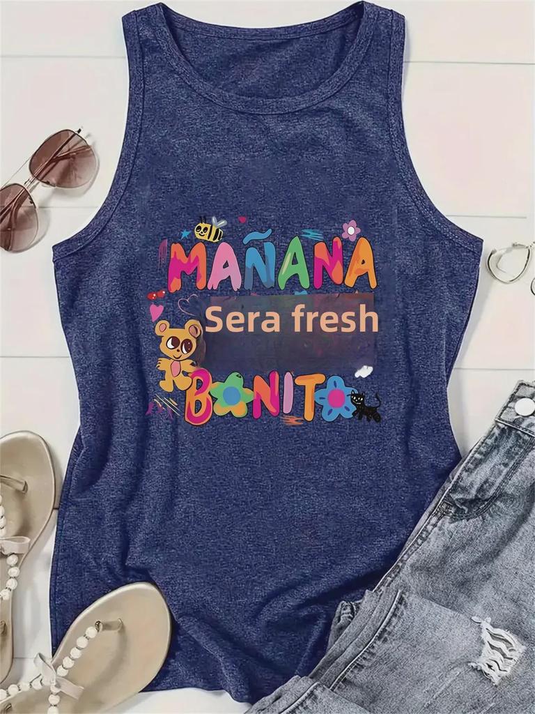 Colorful Letter Print Round Neck Sleeveless Vest - Spring/Summer Casual Top for Women