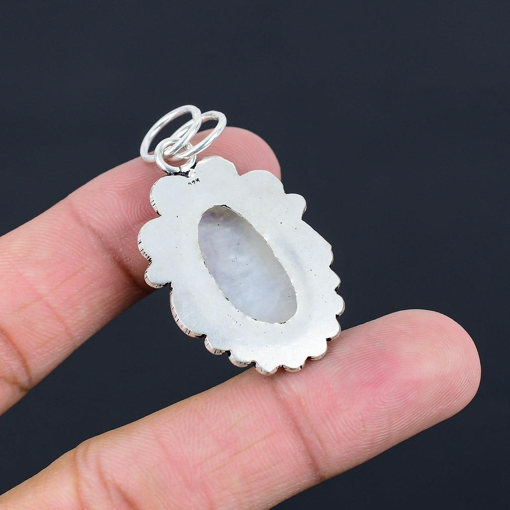 Daughters Day Sale Oval Rainbow Moonstone Stone Trendy Pendant Sterling Silver
