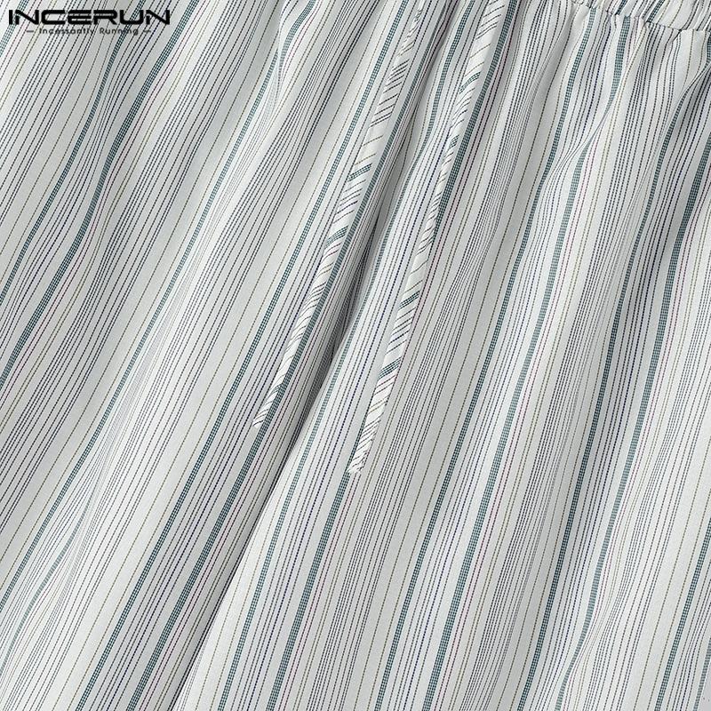 INCERUN Pánské stahovací elastický pas pruhované ležérní volné dlouhé kalhoty