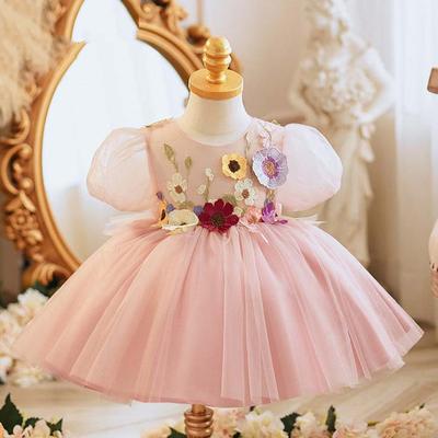 Kid Birthday Party Baptism Evening Dress Baby Girl Bow Flower Puff Sleeve Dresses Ball Gown Elegant Costume Performance Vestidos