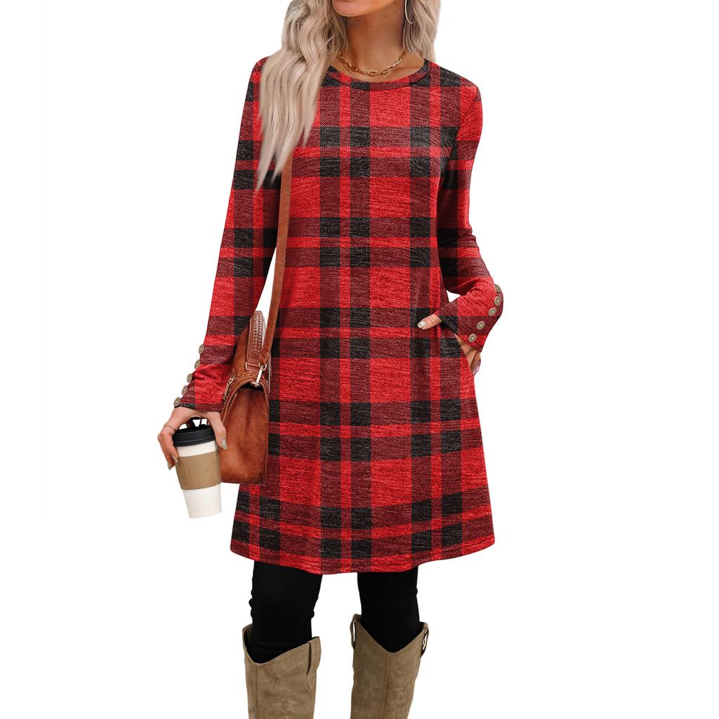 Abito Casual da Donna alla Moda con Tasche, Bottoni Decorativi, Scollo Rotondo e Maniche Lunghe