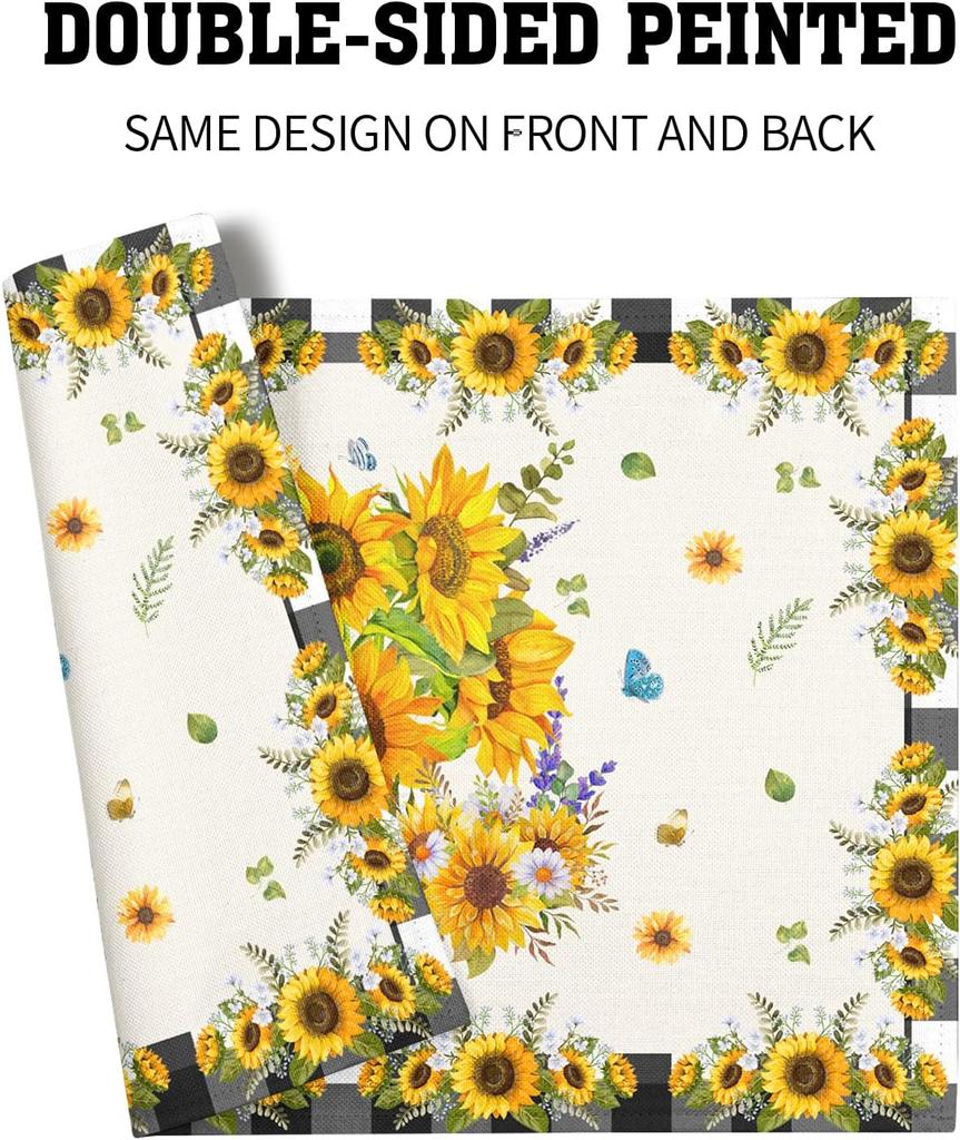 Sunflower Placemats Set of 4 18x12 Inch Summer Fruit Black and White Buffalo Plaid Linen Place Mats Wipeable Yellow Floral Table Mat