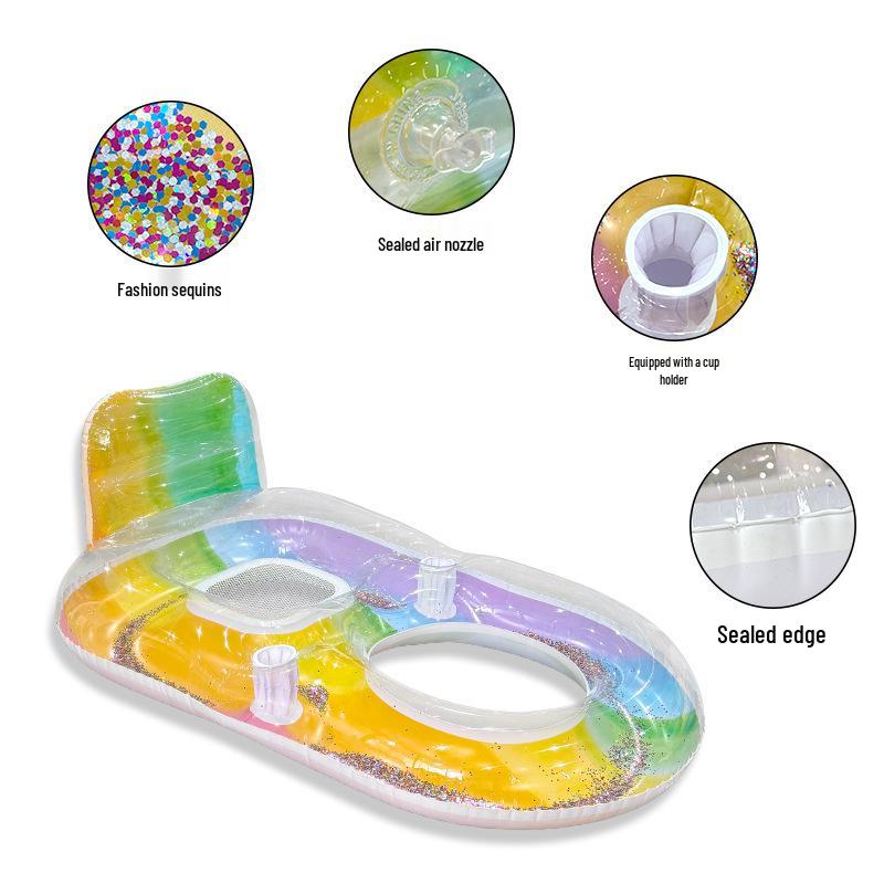 Colorful Sequin Reclining Water Lounger: Inflatable PVC Mesh Pool Float for One