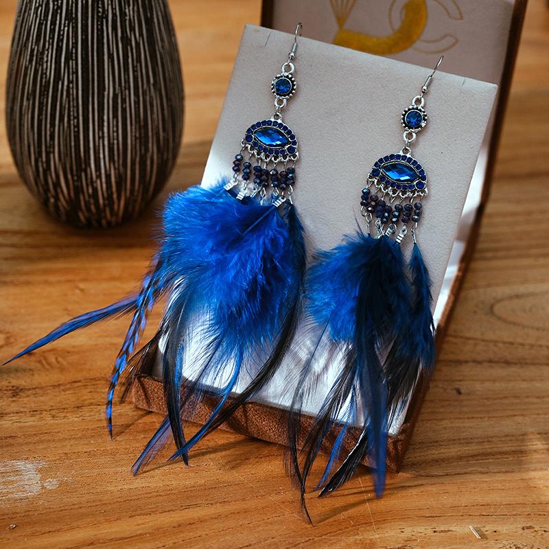 Super Long Exaggerated Irregular Feather Earrings for Women Fashion Boho Colorful Rhinestone Crystal Bead Dangle Earring Jewelry
