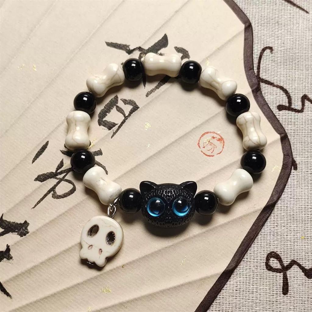 Fashion Skull Cat Bracelet Adjustable Beaded Stretch Wristband Cute Charm Hand Chain for Men Women Unisex Jewelry Accessory
