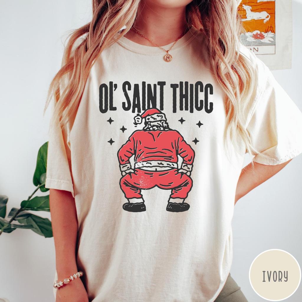 Funny Retro Christmas T-Shirt, Ol' Saint Thicc, Funny Santa Shirt, Women's Christmas Shirt, Trendy Holiday Tee, Graphic Tee