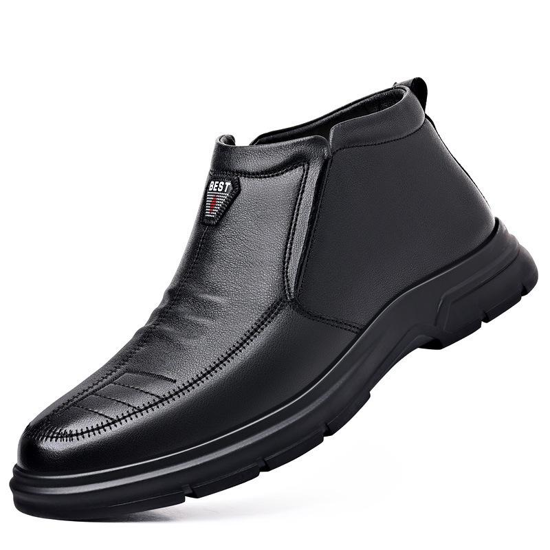 

Мужские новые зимние бархатные теплые хлопковые кожаные ботинки на мягкой подошве и нескользящие туфли для отцов среднего и пожилого возраста, сноубутсы на одной педали 44