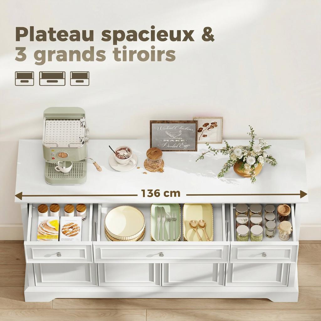 Living Room Sideboard, 3 Drawers, 4 Soft-Close Doors, Adjustable Shelves, White
