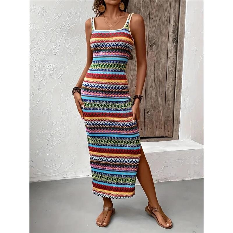 Street Fashion Casual Randig Ärmlös Fyrkantig Krage Klänning Dam