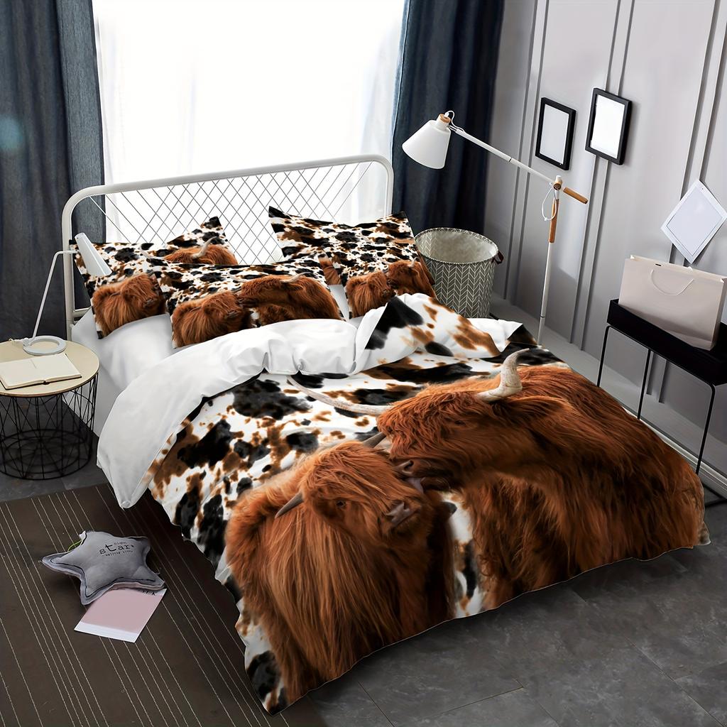 Highland Cow Print Vaskbart sengetøysett i mikrofiber Mykt Komfortabelt dynetrekk for gjesterom på soverommet