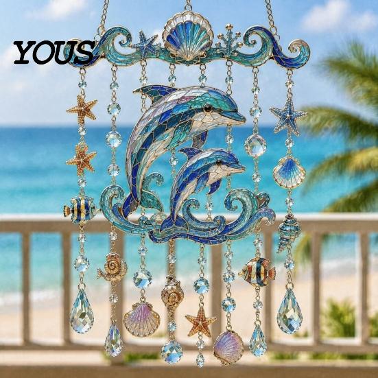 Ocean-Themed Wind Chime Decoration Decoration, Animal Hanging Sun Catcher with Faux Crystal Drops, Stained Glass Acrylic Ornament for Window