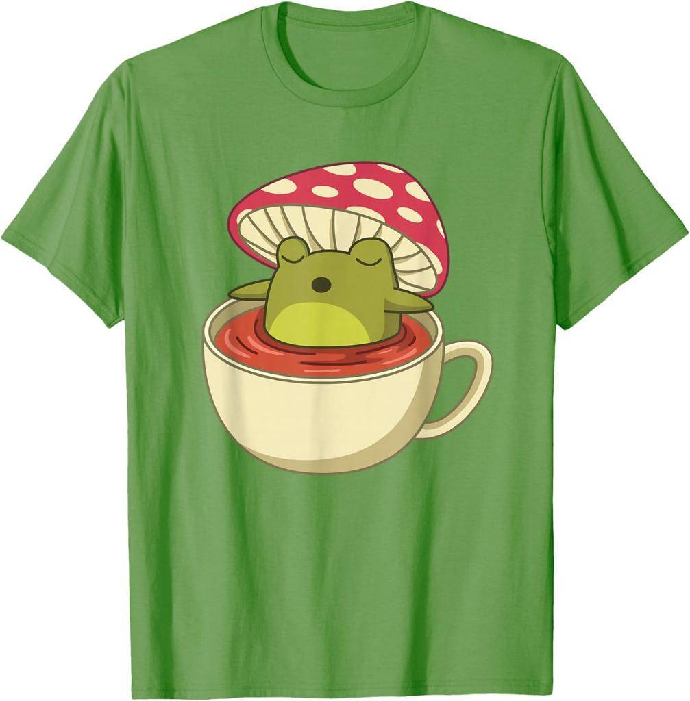 Cottagecore Frog In Tea Cup Mushroom Aesthetic Graphic Tee Shirt Casual Short Sleeve