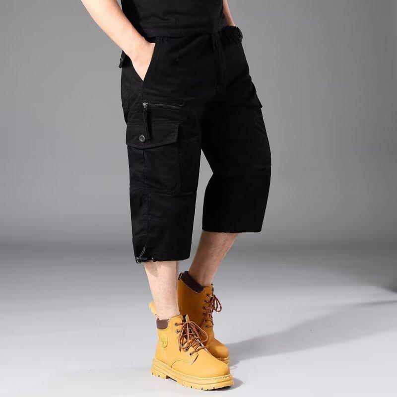 Men's Cargo Bermuda Shorts Multi Pocket Zipper Fly Solid Color Elastic Waist Casual Summer Shorts
