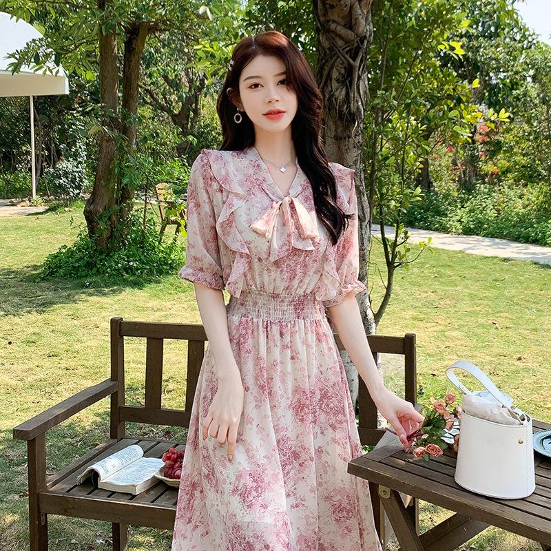 

Summer thin chiffon ruffled short-sleeved floral dress women fresh and sweet M світло-рожевий колір